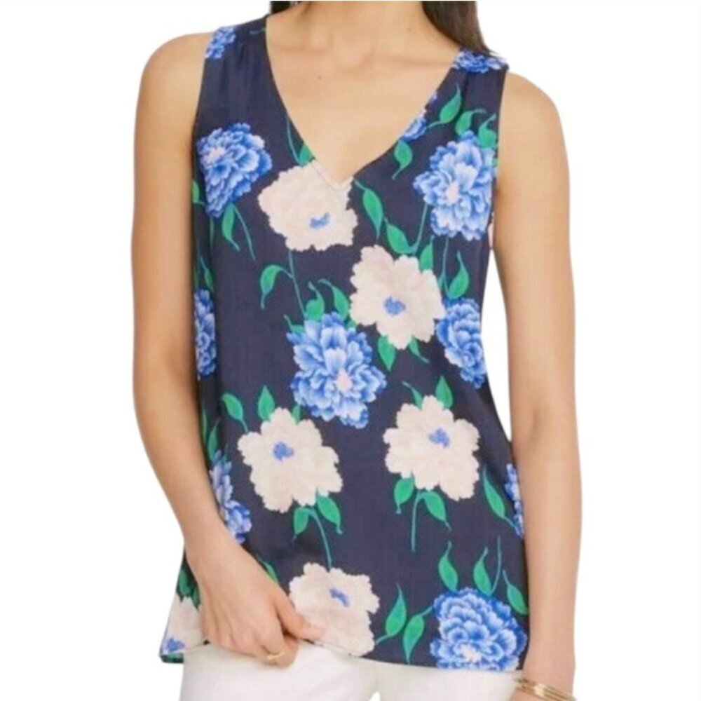 Ann Taylor Women's Size Medium Sleeveless V-Neck Blouse Navy Blue Pink Floral